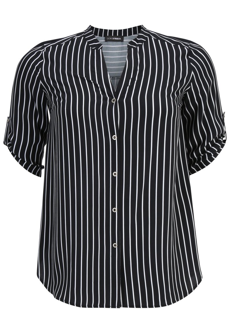 Schwarz-weiß gestreifte Bluse mit V-Ausschnitt, kurzen aufgerollten Ärmeln und Knopfleiste vorne. Hergestellt aus einem leichten Stoff.
