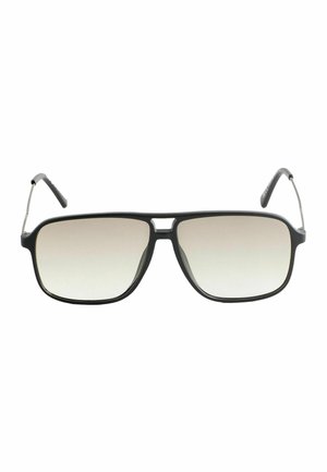 Ochelari de soare dreptunghiulari negri cu lentile gri degradé, punte metalică elegantă și brațe negre texturate pentru prindere. Design durabil și modern.