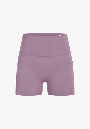 Lila High-Waist-Shorts aus dehnbarem Material, mit einer Seitentasche und einer glatten, matten Textur. Nahtdetails verleihen Struktur.