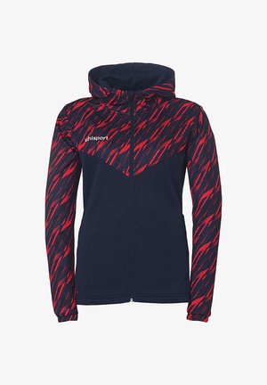 Marinblå hættetrøje med et rødt abstrakt mønster, fuld lynlås og logo på brystet. Glat, strækbart stof; tætsiddende design; lange ærmer.