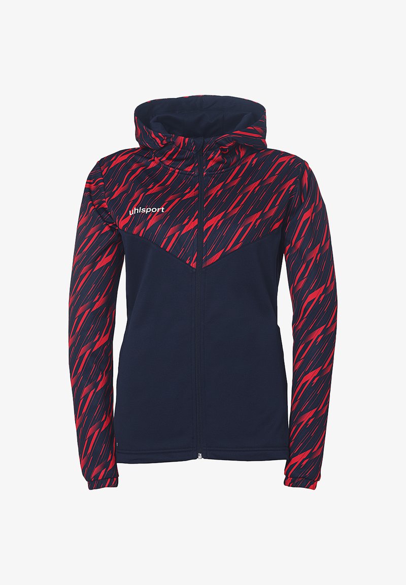 Marinblå hættetrøje med et rødt abstrakt mønster, fuld lynlås og logo på brystet. Glat, strækbart stof; tætsiddende design; lange ærmer.