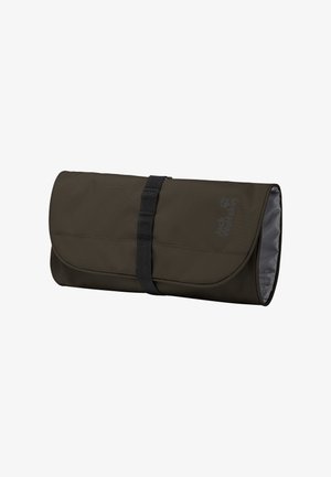 Donkerbruine oprolbare zak met een zwarte band, gedeeltelijk open met een grijze binnenvoering, gebrandmerkt met het "Jack Wolfskin"-logo.