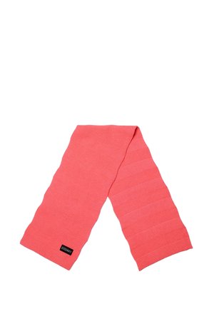 Sciarpa rosa lavorata a maglia con un motivo a coste testurizzato e un'etichetta nera. Il design è allungato, senza chiusure o decorazioni visibili.