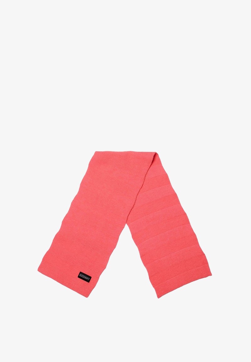 Sciarpa rosa lavorata a maglia con un motivo a coste testurizzato e un'etichetta nera. Il design è allungato, senza chiusure o decorazioni visibili.