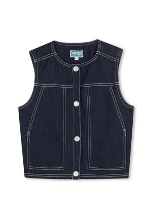 Blauwe denimvest met een ronde hals en mouwloze uitvoering. Voorzien van vier voorzakken en lichte contraststiksels met ronde drukknopen.
