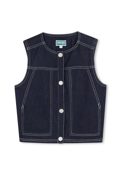 Blauwe denimvest met een ronde hals en mouwloze uitvoering. Voorzien van vier voorzakken en lichte contraststiksels met ronde drukknopen.