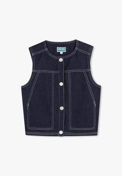 Blauwe denimvest met een ronde hals en mouwloze uitvoering. Voorzien van vier voorzakken en lichte contraststiksels met ronde drukknopen.