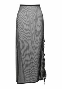 Czarna przezroczysta długa spódnica z teksturowanym wzorem, z bocznym rozcięciem i koronkowymi detalami po lewej stronie. Gładki, lekki materiał.