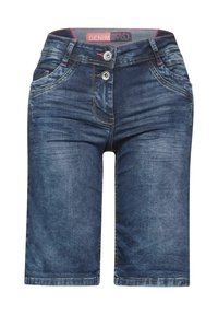 Shorts en denim bleu foncé, avec deux poches avant, fermeture à deux boutons et coutures contrastées le long des coutures.