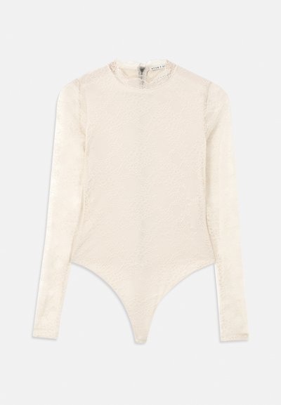 Long-sleeve bodysuit in cream lace, featuring a high neck and snap closure at the bottom. Smooth texture with delicate floral pattern.