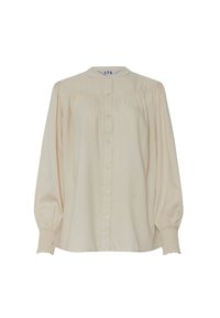 Chemise boutonnée couleur crème avec un col haut, détails froncés sur le devant et manches bouffantes texturées avec poignets élastiques.