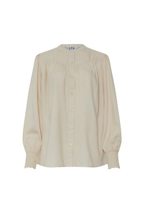 Camicia button-up color crema con un colletto alto, dettagli arricciati sulla parte frontale e maniche a palloncino testurizzate con polsini elastici.
