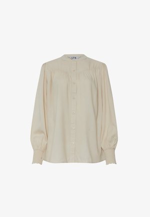 Cremfarbener Hemd mit hohem Kragen, gerafften Details an der Vorderseite und strukturierten Puffärmeln mit elastischen Bündchen.