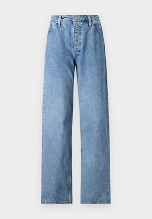 Light blue denim jeans with a high waist, wide-leg cut, five-button closure, and belt loops. Fabric has a smooth texture with minimal fading.