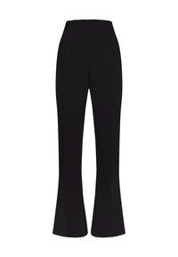 Svarta utsvängda byxor med hög midja, med detaljering av sömmar framtill och en slät textur, tillverkade av ett stretchigt tyg.