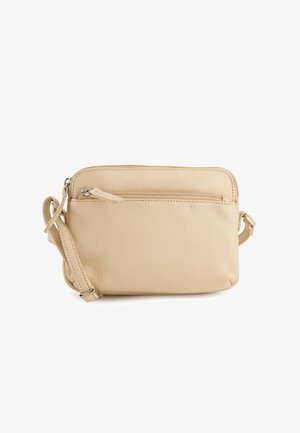 Beige Leder Umhängetasche mit einer vorderen Reißverschlusstasche, glatter Textur und verstellbarem Tragegurt. Rechteckige Form mit minimalen Nähten.