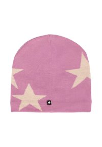 Berretto lavorato a maglia di un delicato viola chiaro con grandi motivi a stella beige. Presenta un'etichetta nera con una stella bianca. Texture morbida e elastica.