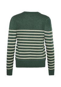 Zöld kötött pulóver krém színű vízszintes csíkokkal, kerek nyakkal, hosszú ujjakkal, valamint bordás aljjal és mandzsettákkal. Puffadt vállrész jellemzi.