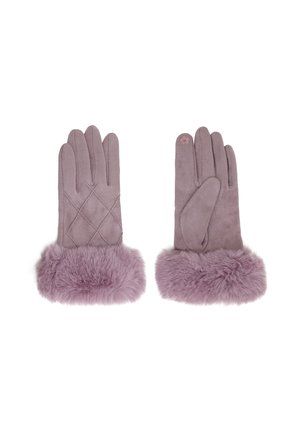 Guanti viola in camoscio con un polsino in pelliccia sintetica, caratterizzati da un design trapuntato su una mano e un accentuato su l'altra.