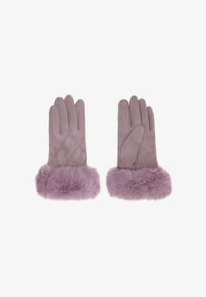 Guanti viola in camoscio con un polsino in pelliccia sintetica, caratterizzati da un design trapuntato su una mano e un accentuato su l'altra.