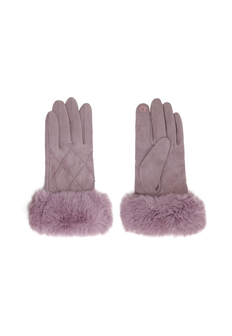 Guanti viola in camoscio con un polsino in pelliccia sintetica, caratterizzati da un design trapuntato su una mano e un accentuato su l'altra.