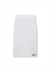Witte jersey pencil skirt met een geribde tailleband en het DKNY-logo in het zwart op de onderste rechterzoom. Glad textuur en eenvoudig ontwerp.