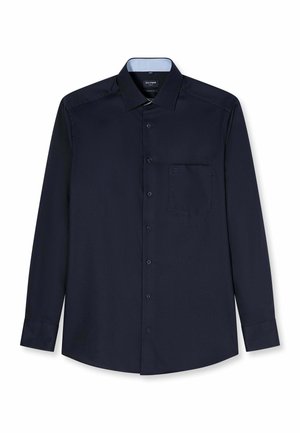 Donkerblauw navy overhemd met lange mouwen, knoopsluiting aan de voorkant, een borstzak, een kentkraag en een getailleerde pasvorm.