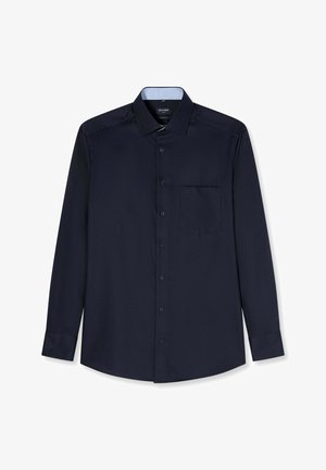 Camicia da uomo a maniche lunghe di colore blu navy scuro con chiusura frontale con bottoni, taschino sul petto, colletto aperto e taglio aderente.