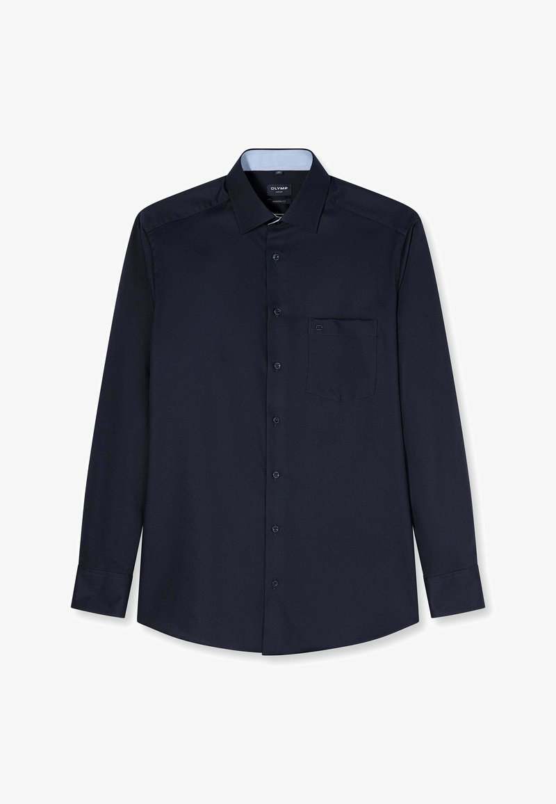 Chemise habillée bleu marine à manches longues avec fermeture boutonnée sur le devant, une poche poitrine unique, col italien et coupe ajustée.