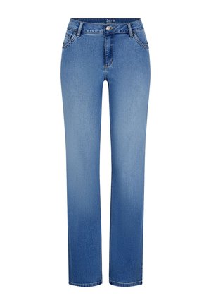 Blaue Jeans mit geradem Bein, vorderen Taschen, Gürtelschlaufen, Knopfverschluss und verblassten Details von der Taille bis zum Saum.