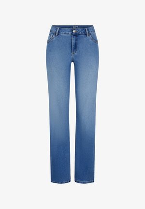 Blue straight-leg denim jeans with front pockets, belt loops, button closure, and faded detailing from waist to hem.