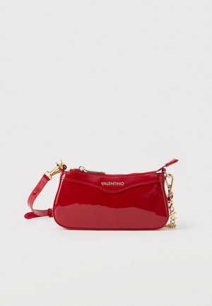 Red patent leather clutch bag with a curved design, gold hardware, and a detachable strap. Features VALENTINO branding on the front.