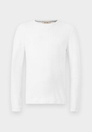 Bélelt, fehér, textúrázott pamut ing, hosszú ujjakkal, kerek nyakkivágással és minimális részletekkel. Puha anyag, normál szabású.