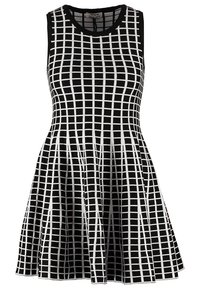 Robe noire sans manches avec motif à grille blanche, taille ajustée et jupe évasée, dotée d'un col rond.