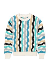 Gebreide trui met een golvenpatroon in turquoise, zwart, beige en grijs. Ribbelboord bij de crew hals en onderrand, zachte textuur.