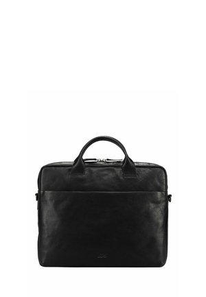 Mallette en cuir noir avec poignées doubles, poche avant plate et fermeture éclair sur le dessus, conçue pour un usage professionnel ou commercial.