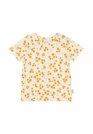 Witte T-shirt met korte mouwen met een gele bloemenpatroon. Zacht katoen materiaal, ronde halslijn en details met label aan de zijkant.