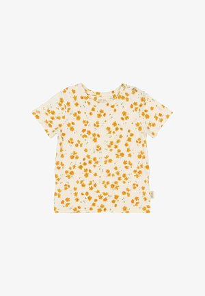 Witte T-shirt met korte mouwen met een gele bloemenpatroon. Zacht katoen materiaal, ronde halslijn en details met label aan de zijkant.