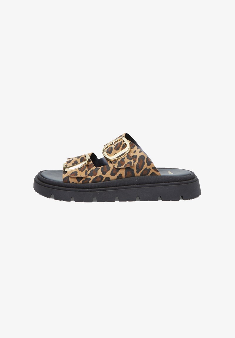 Leopard print slide sandals featuring two gold buckles and a thick black rubber sole with textured grooves for grip.