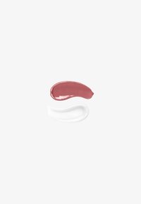 Two cosmetic swatches on white background: one glossy mauve and one translucent white gel, both curved and smooth.