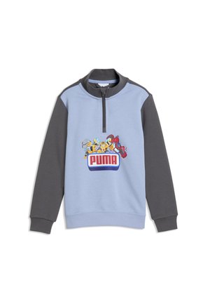 Dziecięca bluza z jasnoniebieskim korpusem i ciemnoszarymi rękawami, kołnierzem z półzamkiem oraz kolorowym logo Puma z grafiką robota z przodu.