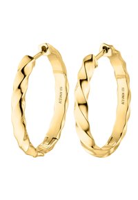 Verdrehtes Goldohrstecker mit polierter Oberfläche und Scharnierverschluss. Jeder Ohrring hat ein glattes, gewelltes Design und hat einen Durchmesser von etwa 40 mm.