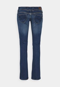 Mörkblå jeans i denim med rak ben-design, som har två bakfickor och sömnadsdetaljer. Tyget är tjockt och strukturerat.