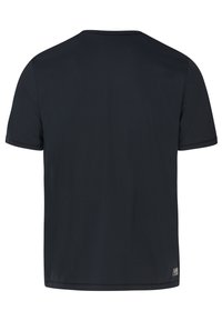 Zwart T-shirt met korte mouwen, voorzien van een ronde hals, een gladde textuur en subtiele stikaccenten op de mouwen en de zoom.