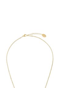 Collar en tono dorado que presenta una fina cadena y un cierre de langosta, con longitud ajustable y un charm en forma de óvalo.