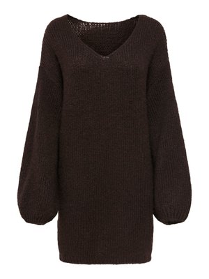 Strickpullover in Dunkelbraun mit V-Ausschnitt und übergroßen Ballonärmeln. Strukturierter Stoff und lockere Passform für Komfort.