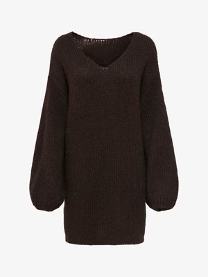 Strickpullover in Dunkelbraun mit V-Ausschnitt und übergroßen Ballonärmeln. Strukturierter Stoff und lockere Passform für Komfort.