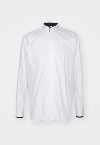 Weißes Langarmhemd mit Stehkragen. Hat schwarze Akzente am Kragen und an den Manschetten. Glatter, leichter Stoff.