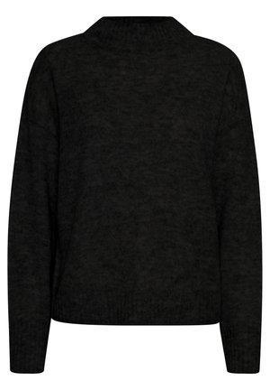 Fekete kötött pulóver, magas gallérral, hosszú ujjakkal és laza szabással. Az anyag puha, finom mintázattal rendelkezik.