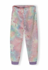 Fleece-joggers med ett pastellregnbågs mönster som har enhörningar och stjärnor. Mudden är lila, vilket ger en snug passform vid anklarna.